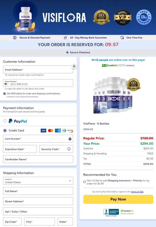 Secure VisiFlora checkout page with protected payment system and official package selection
